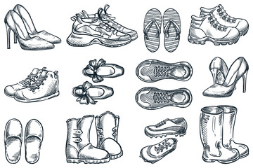 Fashion shoes set, vector hand drawn sketch illustration. Female and male sport and casual footwear design elements