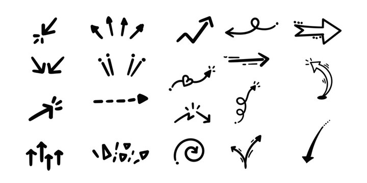 Marker arrow design,ink arrow design,quirky crazy set of arrow pointing in every direction,Hand drawn faulty arrow set,Background or highlighting collection of arrow.  