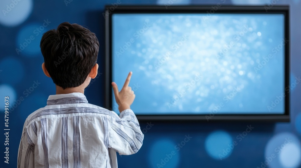 Aufkleber a young boy interacts with a large glowing screen, pointing at the illuminated display in a modern, 