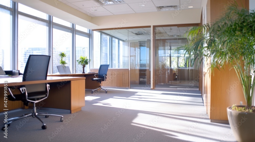 Poster modern office interior with large windows, sunlight streaming in, illuminating a spacious and bright