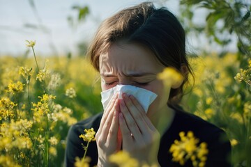 Woman with seasonal spring allergy blowing nose