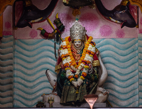 Architecture of hindu goddess durga temple on the ghats of river ganga in varanasi to worship.