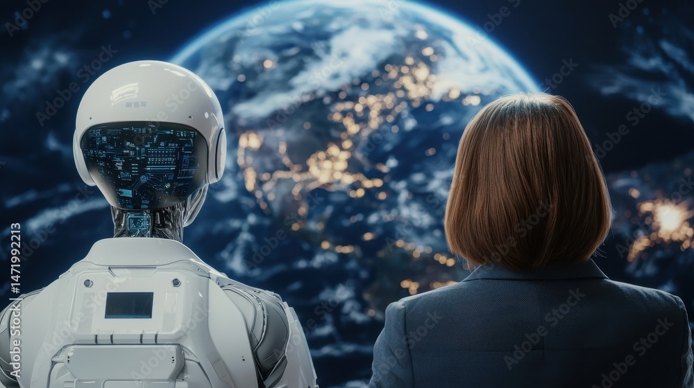 Poster a robot and a woman stand side by side, looking at the illuminated earth from space, symbolizing tec