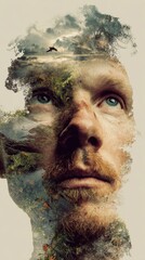 Composite portrait of a man with layered landscapes.
