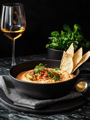 Black bowl of hummus with a few tortilla chips on the side. the bowl is placed on a black marble countertop with a glass of white wine in the background.