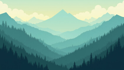 Scenic Mountain Landscape with Pine Forest and Clear Blue Sky