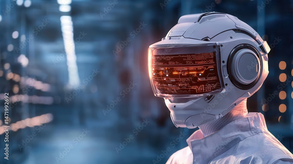 Poster a person in a futuristic helmet stands in a high-tech, digital environment with blue lighting.