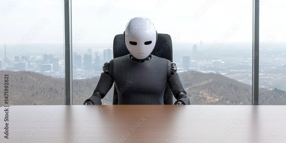 Poster a humanoid robot sits at a desk in a modern office with a cityscape visible through large windows.