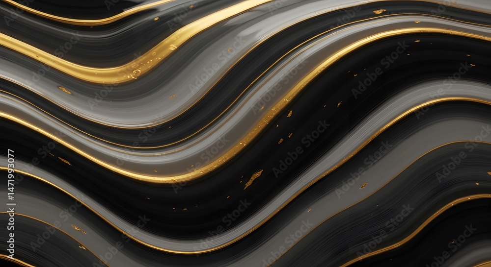 Poster elegant undulating background with dynamic waves in shades of gray and black accented with fine gold
