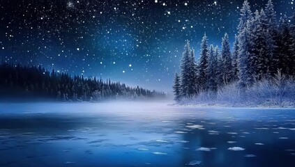 Fototapeta premium Icy Lake at Night Under Starry Sky with Forest Landscape in Cold Winter and Frosty Atmosphere