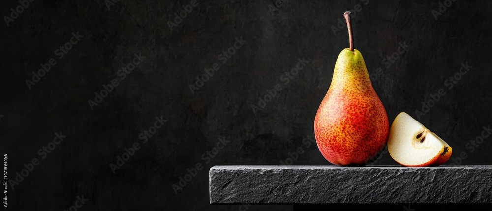 Poster still life photograph of a pear and a slice of apple on a black slate surface. the pear is in the ce