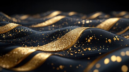 Luxurious, flowing black fabric with golden accents.  Textured, dynamic waves of rich black material overlaid with golden streaks and glitter.  A visually stunning, abstract representation of opulence