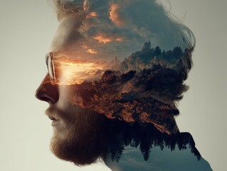 A composite portrait, showing a man's head, overlaid with a landscape.