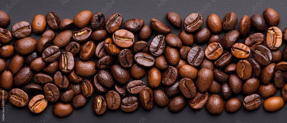 Poster close-up of a group of coffee beans arranged in a diagonal line on a black background. the beans are