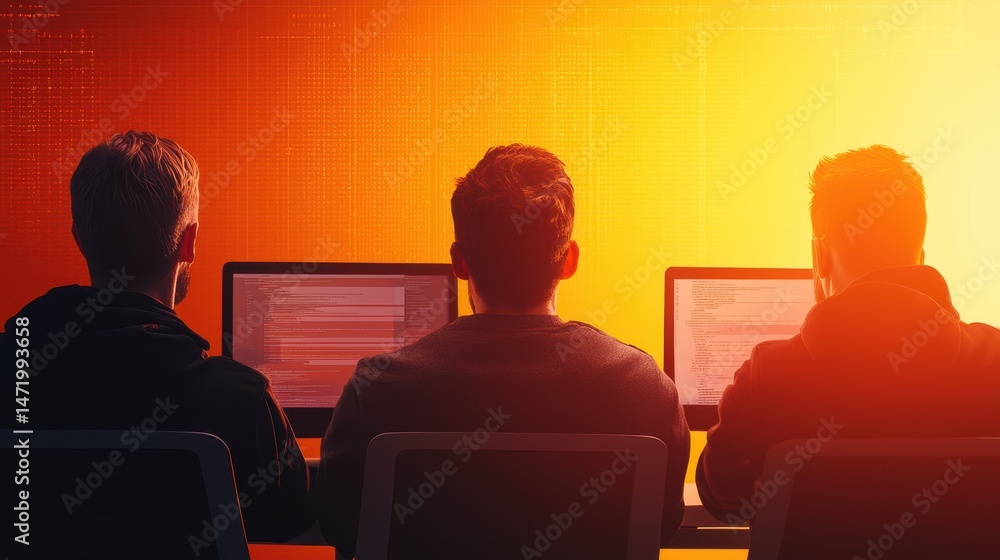 Poster Three people work on computers in a dimly lit room with an orange glow, focused on coding or technology tasks.
