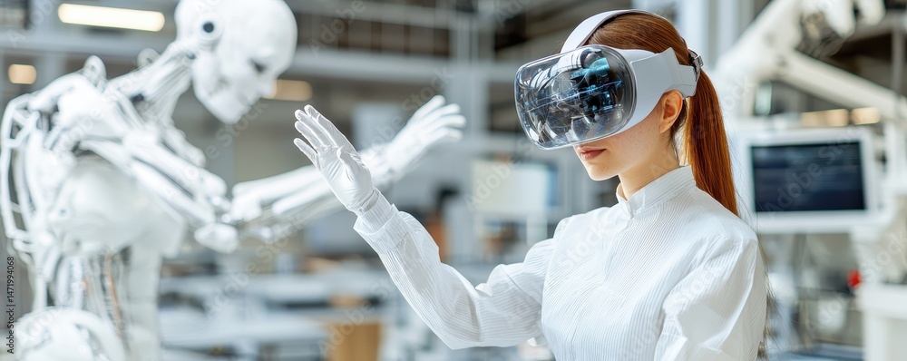 Poster a woman wearing vr goggles interacts with a humanoid robot in a high-tech laboratory setting.