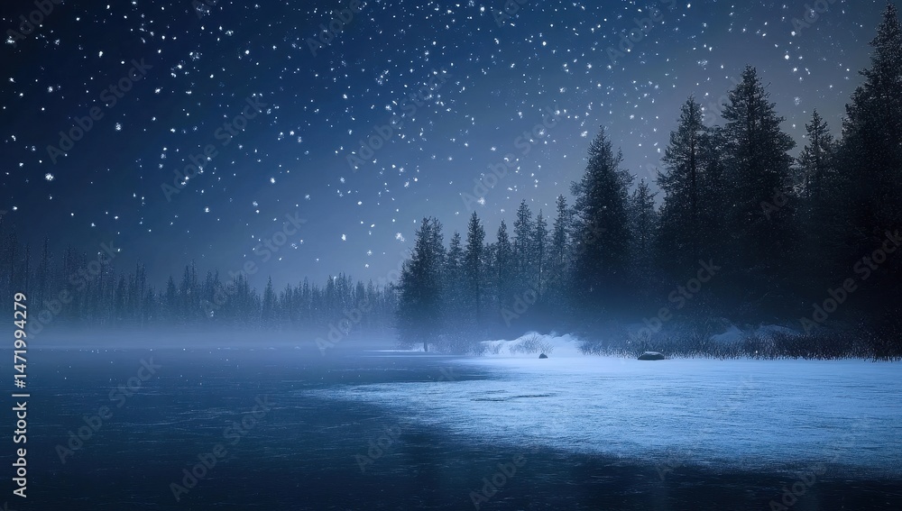 Poster mystical winter night scene with starry sky reflecting on a lake surrounded by snow covered trees in