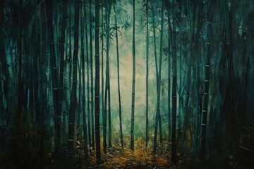 Obraz premium Light filtering through mysterious bamboo forest painting
