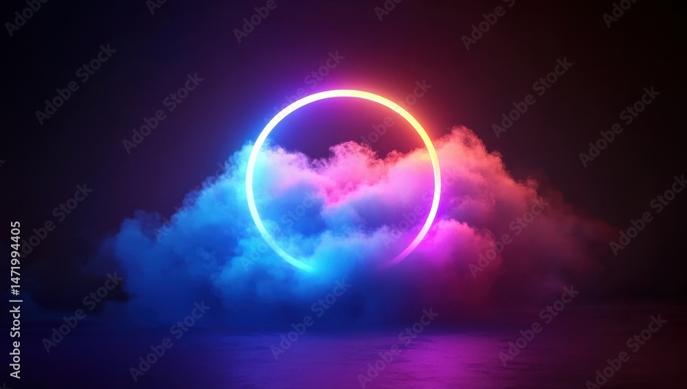Fototapete neon circle glowing amidst colorful smoky clouds on a dark reflective surface creating a futuristic 