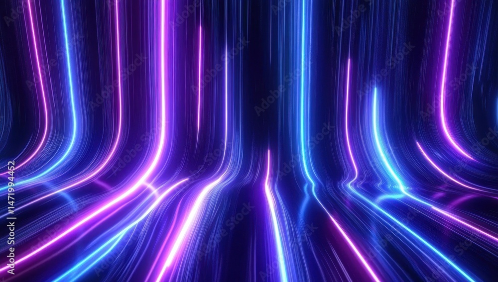 Poster neon light streaks in blue and purple abstract background with futuristic glowing lines pattern and 