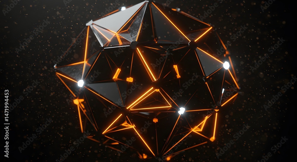 Poster abstract geometric sphere with glowing edges against a dark starry backdrop creates a captivating mo