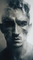Fototapeta premium A grayscale portrait of a man with distressed features.