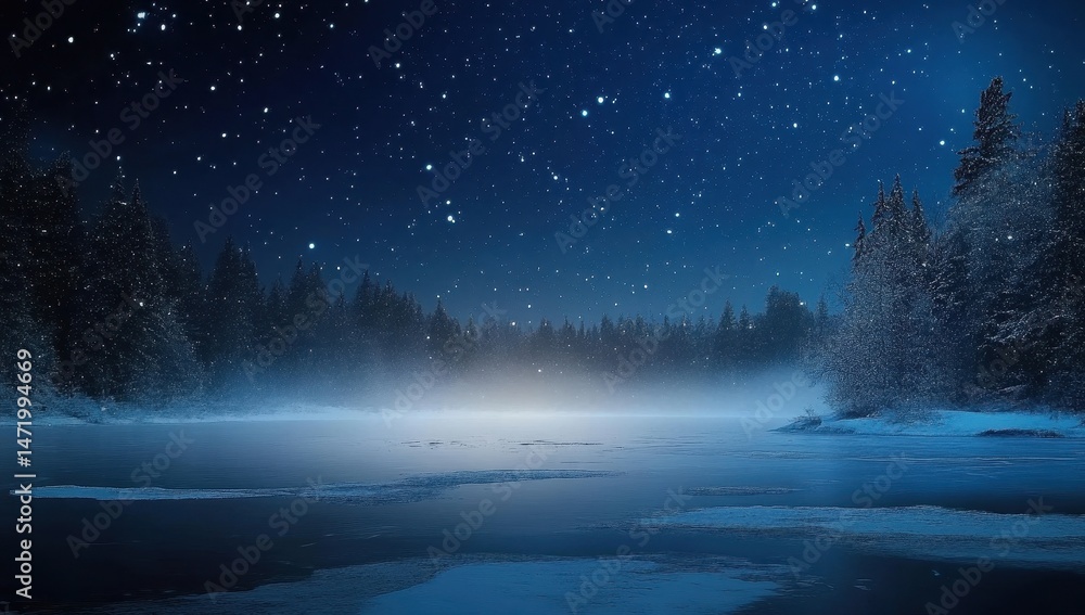 Poster night sky with countless stars above snowy forest landscape with a frozen lake creating a wintery ch