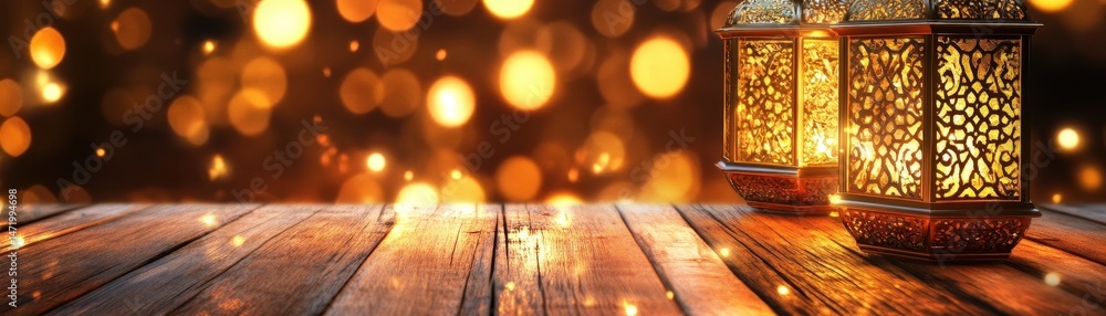 Aufkleber ornamental lanterns glowing on wooden table against bokeh lights backdrop creating a festive atmosph