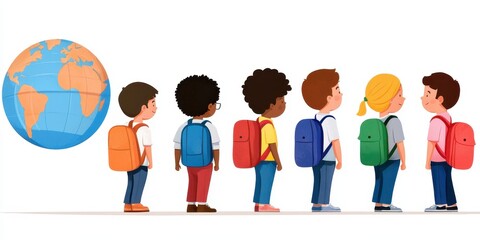 Fototapeta premium Six diverse children with backpacks stand in a line next to a globe, symbolizing global education and unity.