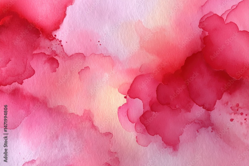 Poster a vibrant pink and red watercolor background with soft, blended textures and abstract cloud-like pat