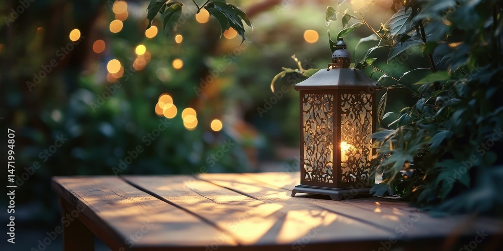 Poster ornate lantern casting a warm glow on a wooden table surrounded by lush greenery and soft bokeh ligh