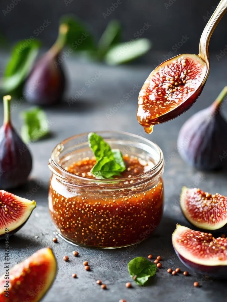 Poster glass jar of fig jam with a spoonful of the jam being drizzled with honey. the jar is placed on a da