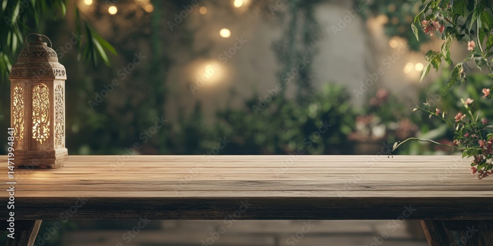 Poster ornate lantern on rustic wooden table in lush garden setting under soft string lights creates a warm