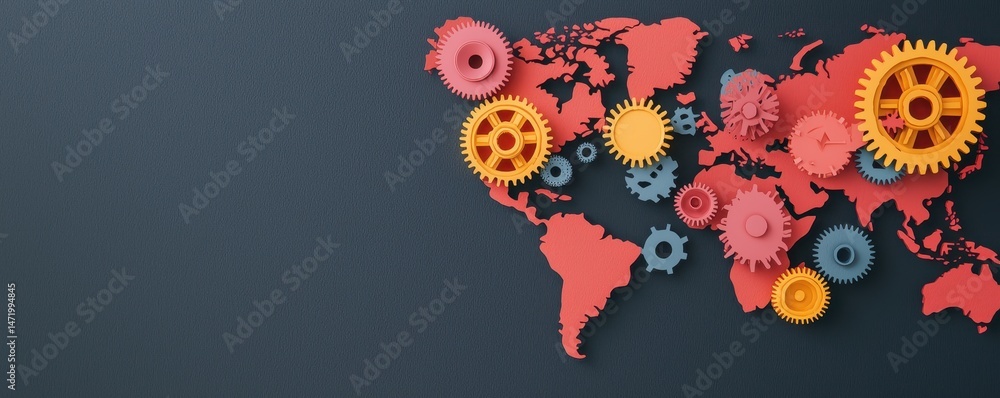 Aufkleber a world map in red with colorful gears overlaid, symbolizing global industry, teamwork, and intercon