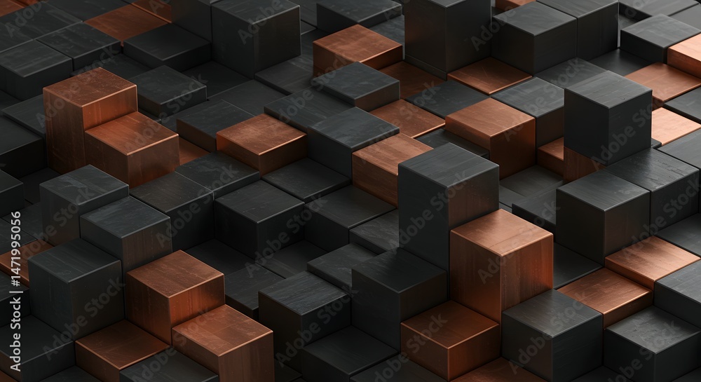 Poster geometric harmony: an abstract composition of black and copper cubes, creating a captivating interpl