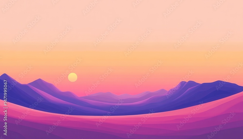 Poster pixel art landscape of purple mountains at sunset with a gradient sky and low resolution retro style
