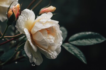 A close-up of a blooming rose with water droplets