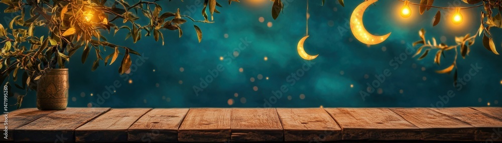 Poster ramadan themed dark cyan background with wooden tabletop golden crescent moons and string lights wit