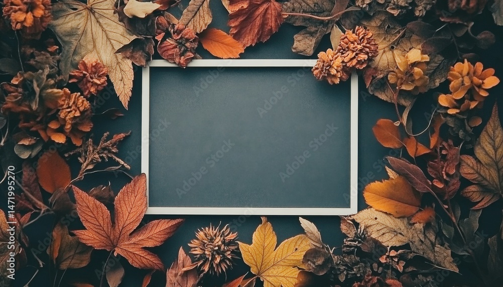 Poster rectangular slate frame surrounded by autumn leaves in varying brown orange and yellow hues creating