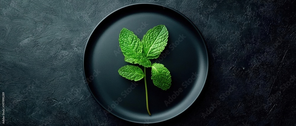 Poster flat lay of a black plate with a single green leaf on it. the plate is placed on a dark grey texture