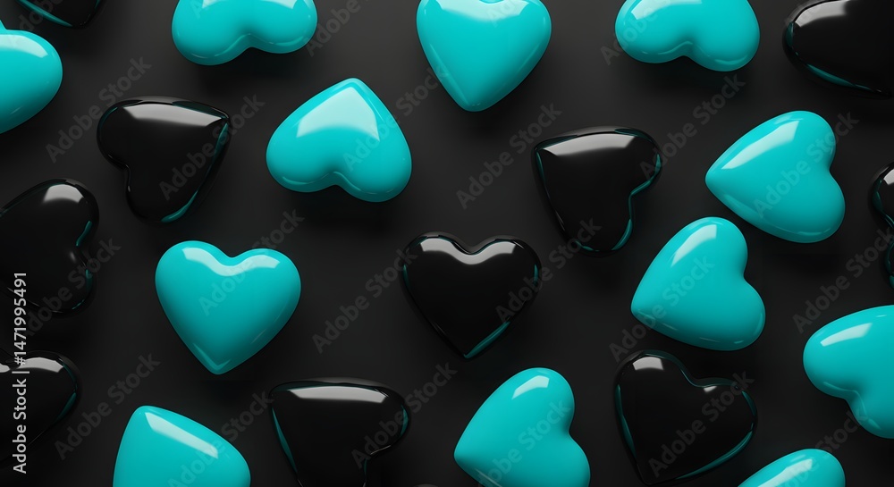 Poster monochrome symphony: turquoise and obsidian heart array on a deep matte surface creates an emotional