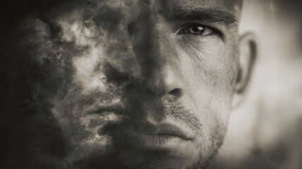 A grayscale portrait of a man with a dual face effect.