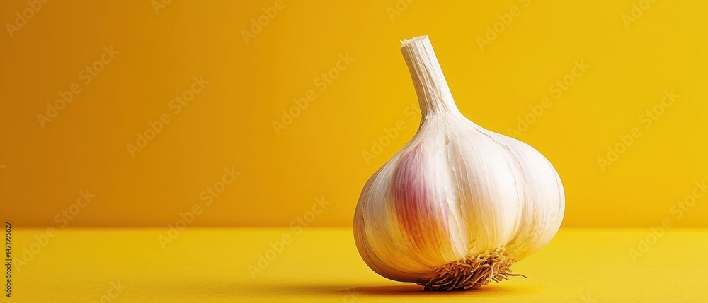 Poster close-up of a single garlic bulb on a yellow background. the bulb is in the center of the image, wit