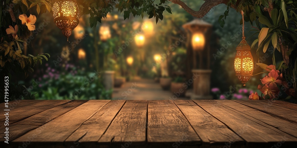 Poster rustic wooden table amidst glowing lanterns hanging on green trees in enchanted garden path at dusk 