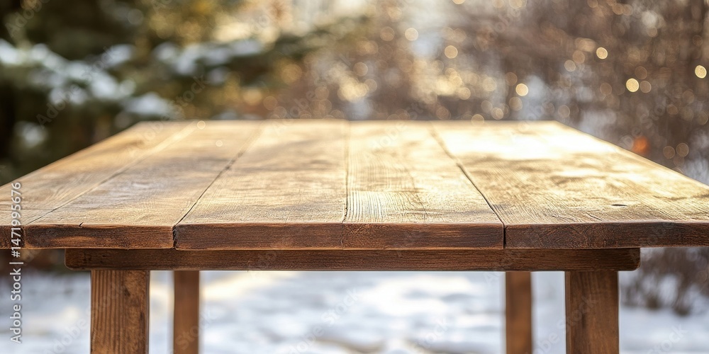 Poster rustic wooden table covered in frost and snow against a blurred winter landscape with soft golden bo