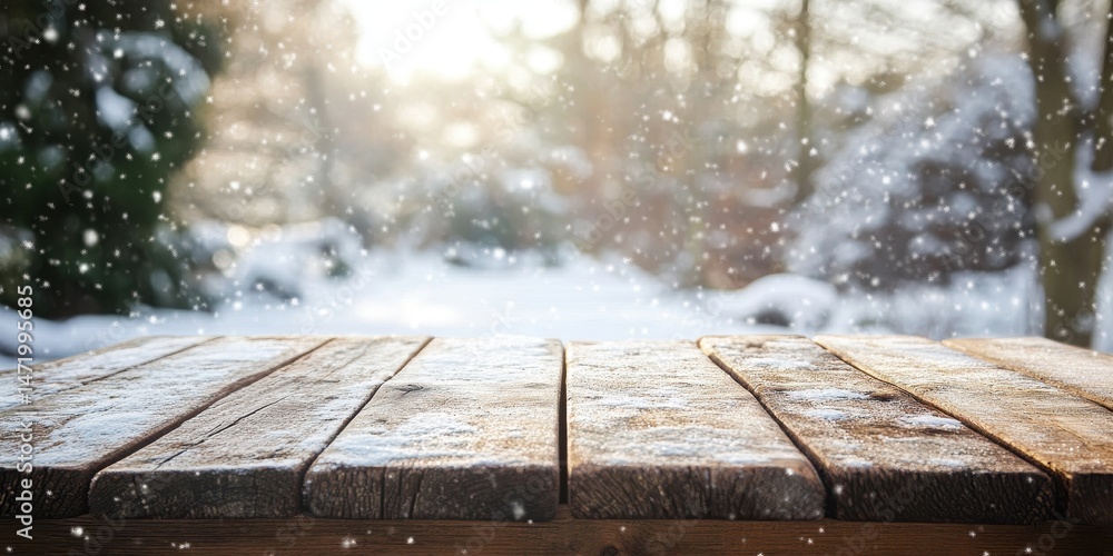 Aufkleber rustic wooden table covered in snow with blurred winter forest background warm sunlight and falling 
