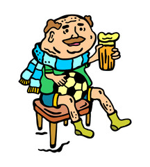 
Vector color illustration of an elderly football fan with a glass of beer on a white isolated background