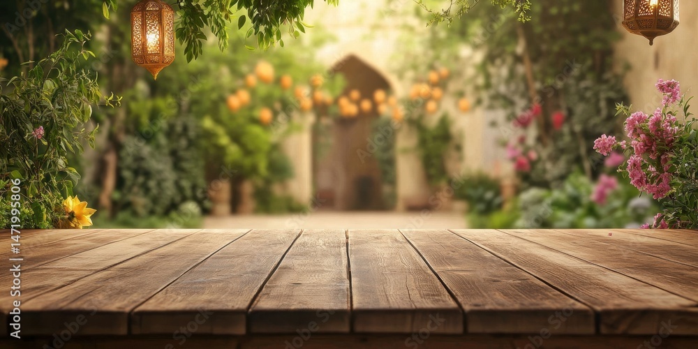 Poster rustic wooden table in lush green garden with hanging lanterns and blossoming flowers warm lighting 
