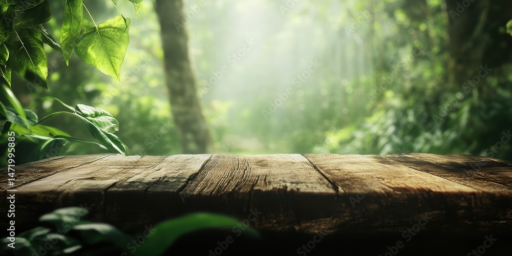 Poster rustic wooden table surface surrounded by lush green foliage in a sun drenched forest setting with b