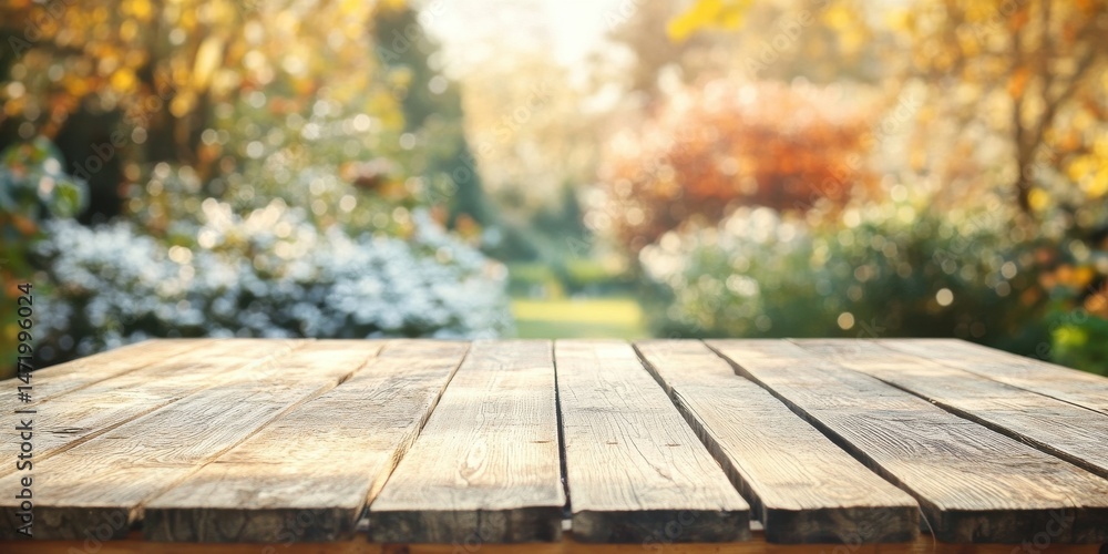 Poster rustic wooden table surface with blurred garden background in warm autumn hues offering a scenic vie